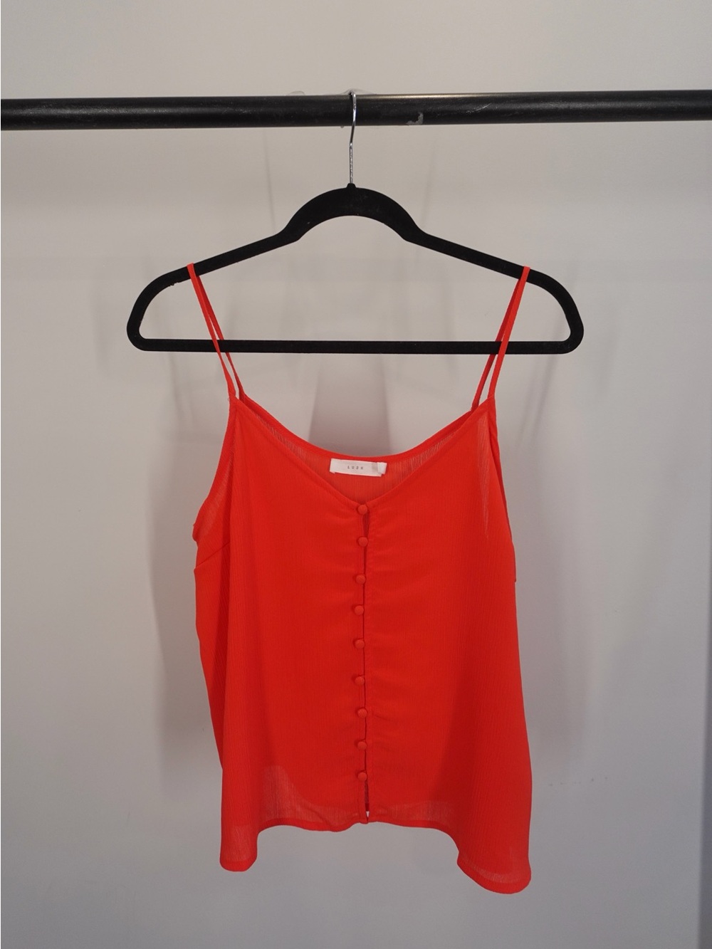 Bright Red Button-Front Crinkle Fabric Spaghetti Strap Tank Top